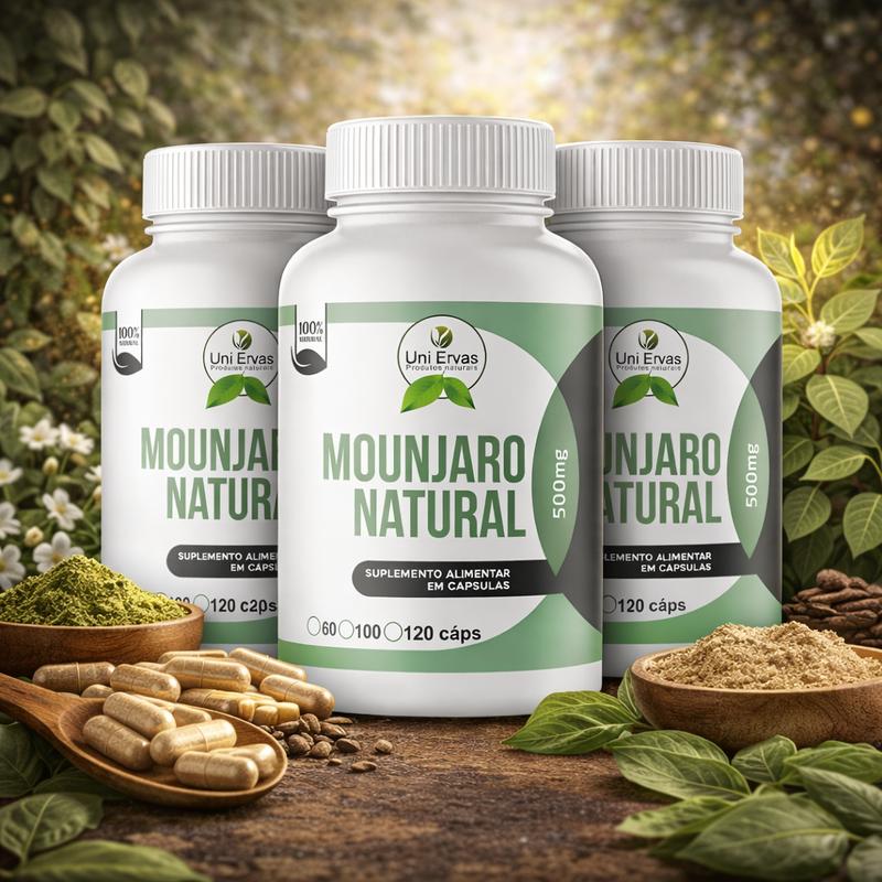 Três potes de Mounjaro Natural em cenário com ervas